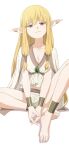  1girl absurdres anklet barefoot blonde_hair bracelet breasts camui1104 cleavage commentary elf full_body gem green_gemstone hair_tubes highres jewelry knee_up long_hair looking_at_viewer own_hands_together parted_lips pointy_ears serie_(sousou_no_frieren) sidelocks simple_background sitting solo sousou_no_frieren toes white_background yellow_eyes 