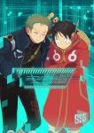  2boys 7nawon black_bodysuit black_eyes black_hair bodysuit coat crossed_arms earpiece feet_out_of_frame green_hair hat hat_on_back highres jacket male_focus monkey_d._luffy multiple_boys one_eye_closed one_piece open_clothes open_jacket red_coat roronoa_zoro scar scar_across_eye scar_on_cheek scar_on_face short_hair sideburns skin_tight straw_hat sword sword_on_back weapon weapon_on_back 