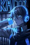  1boy android blue_eyes blue_hair blue_theme character_name commentary_request glowing glowing_eyes hair_between_eyes headphones highres kaito_(vocaloid) kaito_(vocaloid3) looking_at_viewer male_focus neon_lights parted_lips pixiv_id ringed_eyes scarf short_hair solo tare7gasi_mi twitter_username upper_body vocaloid 