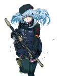  5kpgte assault_rifle beret black_headwear commentary_request cowboy_shot german_flag girls_frontline green_eyes gun h&amp;k_hk416 hair_ornament hat highres hk416_(girls_frontline) holding holding_gun holding_weapon holster jacket long_hair long_sleeves looking_at_viewer rifle running silver_hair thigh_holster thighhighs weapon white_background 