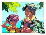  1girl 2boys aqua_hair baby blue-tinted_eyewear bra_(dragon_ball) child collared_shirt commentary dragon_ball dress floral_print floral_print_shirt flower green_shirt hat holding_baby looking_to_the_side multiple_boys ocean orange-tinted_eyewear palm_tree pink_hair shadow shirt short_sleeves sky straw_hat sunglasses symbol-only_commentary tako_jirou thick_eyebrows tinted_eyewear tree trunks_(dragon_ball) trunks_(future)_(dragon_ball) twitter_username upper_body yellow_shirt 