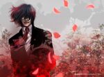  1boy alucard_(hellsing) artist_name ascot black_hair black_jacket black_suit blood blood_on_clothes floral_background hair_over_one_eye hellsing jacket male_focus medium_hair petals red_ascot red_eyes solo suit toshimichi_yukari upper_body web_address 