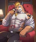  1boy :q abs absurdres animal_ears artist_request bara bare_pectorals bulge come_hither couch crown_print facial_hair furry furry_male goatee highres hotel_room jaguar_boy jaguar_ears large_pectorals looking_at_viewer male_focus mature_male muscular muscular_male navel nipples on_couch original pectorals romg romg_the_jaguar second-party_source seductive_smile shirt_partially_removed short_hair smile solo stomach strongman_waist thick_eyebrows tongue tongue_out 