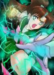  1girl bishoujo_senshi_sailor_moon blurry blurry_foreground bow bowtie brown_hair choker clenched_hand clenched_hands collarbone dj_jdite dress electricity gloves green_dress green_eyes green_sailor_collar green_skirt high_ponytail highres incoming_attack lightning long_hair looking_at_viewer magical_girl open_mouth pink_bow pink_bowtie ponytail reaching reaching_towards_viewer sailor sailor_collar sailor_jupiter sailor_senshi sailor_senshi_uniform signature skirt solo star_(symbol) star_choker tiara twitter_username white_gloves 