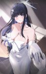  1girl 1other bare_shoulders black_hair blue_archive blue_eyes blue_hair blue_halo blush breasts choker colored_inner_hair dress elbow_gloves evening_gown gloves halo haowei_wu highres jewelry large_breasts long_hair looking_at_viewer multicolored_hair official_alternate_costume parted_lips ring saori_(blue_archive) saori_(dress)_(blue_archive) smile solo_focus strapless strapless_dress white_choker white_dress white_gloves 
