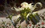  1girl absurdres arm_rest armor blonde_hair blurry breastplate chinese_commentary depth_of_field flower from_side green_armor highres original parted_lips petals planted planted_shield planted_sword profile purple_eyes shoulder_armor solo sword weapon wind ya_lun 