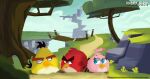 angry_birds avian bird black_tail bridge chuck_(angry_birds) eyebrows female female_feral feral group hi_res male male_feral olubunmi_john pink_body plant red_(angry_birds) red_body stella_(angry_birds) tail tree trio yellow_body