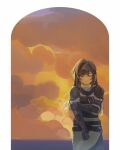  1girl absurdres arm_guards armor brown_gloves brown_hair closed_eyes closed_mouth cloud cloudy_sky fingerless_gloves gloves grey_pants grey_shirt highres long_hair orange_sky outdoors pants pauldrons remosea rosa_(tears_of_themis) shirt shoulder_armor sky solo sunset tears_of_themis 
