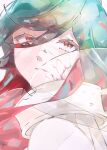  1other alexandrite_(houseki_no_kuni) androgynous blue_hair closed_mouth collar cracked_skin floating_hair from_side frown hair_over_one_eye highres houseki_no_kuni looking_back moon_uniform_(houseki_no_kuni) multicolored_hair other_focus portrait red_eyes red_hair rokipanda see-through simple_background solo translucent_hair two-tone_hair white_background 