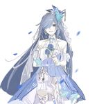  1girl artist_name bare_shoulders bird bird_hair_ornament blue_bird blue_eyes blue_flower blue_hair bow closed_mouth dress earrings flower fu_hua fu_hua_(azure_empyrea) fu_hua_(cerulean_court) grey_hair hair_bow hair_ornament hair_over_one_eye halter_dress halterneck holding holding_flower honkai_(series) honkai_impact_3rd jewelry long_hair looking_at_viewer multicolored_clothes multicolored_dress official_alternate_costume sho_2nini simple_background single_earring sleeveless sleeveless_dress smile solo thigh_bow thighhighs wedding_dress white_background white_bow white_dress white_thighhighs 