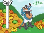 4:3 absurd_res anthro avian banana bird breath_of_the_wild clothing feathers feederism feeding food fruit hi_res juice kass_(tloz) male melon nintendo orange_(fruit) overweight plant pteri rito scarf solo the_legend_of_zelda torn_clothing watermelon weight_gain weight_gain_drive