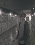  1boy closed_mouth grey_eyes grey_hair hair_over_one_eye highres holding holding_umbrella jacket lamppost long_sleeves looking_at_viewer male_focus night open_clothes orexxxo original outdoors pants reflective_floor shirt short_hair sleeves_past_wrists solo standing train train_station train_station_platform umbrella white_shirt 