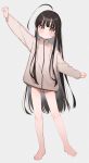  &gt;:( 1girl absurdres ahoge arm_up ass_visible_through_thighs bare_legs barefoot black_hair blush brown_eyes brown_jacket closed_mouth full_body grey_background highres jacket light_frown long_hair long_sleeves looking_at_viewer meito_(maze) original outstretched_arms puffy_long_sleeves puffy_sleeves simple_background solo standing v-shaped_eyebrows very_long_hair 