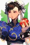  1girl apple blue_dress bracelet brown_eyes brown_hair china_dress chinese_clothes chun-li double_bun dress earrings eating eyeshadow food food_bite fruit hair_bun holding holding_food holding_fruit hungry_clicker jewelry looking_to_the_side makeup medium_hair red_eyeshadow solo spiked_bracelet spikes street_fighter translation_request upper_body 