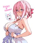  1girl blush breasts choker cleavage closed_mouth dress first_stage_production hair_ribbon hirowa_nagi holding holding_clothes holding_dress large_breasts looking_at_viewer pink_hair ribbon ryugahama_yue short_hair short_hair_with_long_locks smile solo sweat white_choker white_dress yellow_eyes 