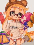  1girl animal_ear_hairband animal_ears bear_ears blonde_hair brown_hairband closed_mouth commentary_request fake_animal_ears full_body grey_eyes grey_socks gun hairband highres holding holding_gun holding_weapon inkling inkling_girl inkling_player_character long_hair looking_at_viewer ochocho2828 pointy_ears print_sweater sandals simple_background smile socks solo splat_bomb_(splatoon) splatoon_(series) splatoon_3 splattershot_(splatoon) sweater tentacle_hair thick_eyebrows triple_inkstrike_(splatoon) weapon white_background white_sweater yellow_footwear 