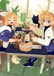 1boy 1girl alternate_costume animal black_footwear black_sweater blue_eyes blue_jacket blue_pants bow bread cat closed_mouth coffee fang flat_color food fork french_fries fur-trimmed_jacket fur_trim hair_between_eyes hair_bow hair_ornament hairclip highres holding indoors jacket kagamine_len kagamine_rin knife light_blush looking_at_viewer open_mouth pants plant projecttiger rug short_hair short_ponytail siblings skin_fang steak sweater table turtleneck turtleneck_sweater twins v vocaloid white_bow white_footwear white_jacket white_pants window 