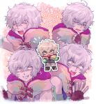  1boy bags_under_eyes bare_shoulders chiimako detached_sleeves fingerless_gloves gloves gnosia grey_eyes grey_hair hair_between_eyes hood hoodie looking_at_viewer male_focus multiple_persona open_mouth purple_eyes remnan_(gnosia) short_hair 