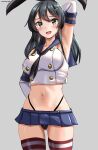  1girl absurdres arm_up armpits black_hair black_hairband black_neckerchief black_panties blue_sailor_collar blue_skirt breasts cosplay crop_top elbow_gloves gloves hair_ornament hairband hairclip highleg highleg_panties highres kantai_collection large_breasts long_hair microskirt mizuki_(uzuki_no_sato) navel neckerchief open_mouth oyashio_(kancolle) panties pleated_skirt presenting_armpit sailor_collar shimakaze_(kancolle) shimakaze_(kancolle)_(cosplay) skirt solo striped_clothes striped_thighhighs thighhighs thighs thong underwear white_gloves 