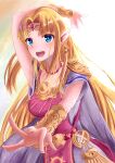  1girl armpits blonde_hair blue_eyes blush breasts dress earrings highres jewelry koucha_miruku long_hair looking_at_viewer open_mouth pointy_ears princess_zelda smile solo super_smash_bros. the_legend_of_zelda tiara triforce 