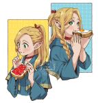  1girl artist_logo blonde_hair blue_capelet blue_robe braid capelet choker dungeon_meshi eating edomon-do elf food food_on_face fried_egg fried_egg_on_toast green_eyes highres holding holding_food hood hooded_capelet long_hair marcille_donato multiple_views pointy_ears ponytail red_choker robe single_braid upper_body watermark white_background 