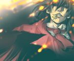 1boy alucard_(hellsing) ascot black_eyes black_hair capelet cross embers fangs hair_between_eyes hellsing looking_at_viewer male_focus mouth_hold portrait red_ascot red_capelet solo toshimichi_yukari 