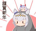  2girls ahoge animal_ears blue_hairband blush_stickers chibi ears_through_headwear gomashio_(goma_feet) grey_hair hair_between_eyes hairband headband horse_ears mini_person minigirl multicolored_hair multiple_girls oguri_cap_(umamusume) on_head outline red_headband tamamo_cross_(umamusume) translation_request two-tone_hair umamusume white_background white_outline |_| 