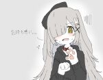  1girl @_@ ^^^ animal_collar animal_hands black_bow black_hoodie blunt_bangs blush body_fur bow collar disgust fangs floppy_ears frown furrowed_brow furry furry_female gloom_(expression) grey_hair hair_bow hair_ornament hair_over_one_eye highres hood hood_down hoodie long_hair long_sleeves looking_at_viewer one_eye_covered open_mouth original oyasu_miyo rabbit_hair_ornament simple_background skin_fangs solo stitches sweat translation_request upper_body v-shaped_eyebrows vreparty wavy_mouth white_background white_fur x_hair_ornament yellow_eyes 