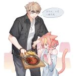  1boy 1girl absurdres animal_ears bandaid bandaid_on_nose black_jacket blonde_hair blue_hair bread brown_eyes brown_hair cat_ears cat_girl cat_tail cutting_board drooling food fork frying_pan grey_pants hand_on_hip highres holding holding_fork holding_knife jacket knife lingxia multicolored_hair off_shoulder open_clothes open_jacket open_mouth original pants pink_hair red_eyes saliva shirt short_sleeves sparkle streaked_hair tail tail_raised translation_request white_background white_shirt wide_sleeves 