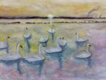  animal bird highres horizon in_water no_humans original painting_(medium) pcpqapfxcw0ky8w reflection reflective_water sun sunlight sunrise swan traditional_media water watercolor_(medium) 