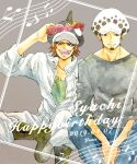  2019 2boys arm_up artist_name black_shirt boots commentary_request dated denim earrings facial_hair goatee hanakotoba28 happy_birthday hat head_wreath jeans jewelry jumpsuit looking_at_viewer male_focus multiple_boys musical_note one_piece open_mouth pants shachi_(one_piece) shirt short_hair sitting smile sunglasses trafalgar_law white_jumpsuit 