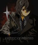  1boy akechi_gorou american_psycho black_gloves brown_coat brown_hair closed_mouth coat collared_shirt copyright_name expressionless glint gloves hair_over_one_eye highres holding holding_knife holding_weapon knife long_sleeves male_focus movie_poster necktie parody persona persona_5 red_eyes reflection shirt short_hair simple_background solo striped_necktie tami_tome_mo upper_body weapon white_necktie white_shirt wing_collar 