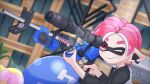  1boy blurry blurry_background closed_mouth commentary_request e-liter_4k_(splatoon) gun highres holding holding_gun holding_weapon inkling inkling_boy inkling_player_character lens_flare male_focus one_eye_closed outdoors pink_eyes pink_hair pointy_ears scope short_hair smile solo splatoon_(series) splatoon_3 tentacle_hair thick_eyebrows tonbofree weapon 