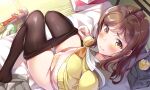  bed blush brown_hair kunikida_hanamaru love_live!_school_idol_project love_live!_sunshine!! panties pantyhose school_uniform tipii underwear waifu2x yellow_eyes 