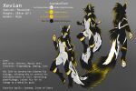 absurd_res angiewolf anthro ascended_xevian bioluminescence black_body feathers fur glowing gold_markings hi_res male markings model_sheet pawpads rexouium solo stripes white_body white_fur white_pawpads white_stripes xevian_(xevianlight) yellow_body yellow_eyes yellow_feathers yellow_fur