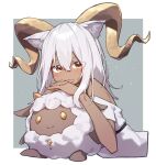  1girl absurdres animal_ear_fluff animal_ears arknights bare_shoulders beeswax_(arknights) beudelb blush brown_eyes commentary_request crossover dark-skinned_female dark_skin dress grey_background grey_hair hair_between_eyes hands_up highres horns interlocked_fingers lamball long_hair looking_at_viewer own_hands_together palworld solo two-tone_background white_background white_dress 
