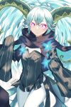 1girl black_scarf blue_hair cross-shaped_pupils fate/grand_order fate_(series) highres horns larva_tiamat_(fate) long_hair pantyhose pink_eyes pointy_ears scarf sleeves_past_fingers sleeves_past_wrists symbol-shaped_pupils tiamat_(fate) twitter_username very_long_hair white_pantyhose ymgyk2 