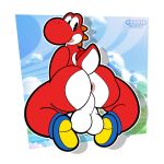 1:1 absurd_res anthro anus backsack balls big_balls big_butt butt clothing dinosaur footwear footwear_only genitals hi_res kneeling looking_back male mario_bros mostly_nude nintendo open_mouth pink_anus raised_tail red_body red_scales red_yoshi reptile scales scalie shoes shoes_only solo super_mario_bros_wonder tail thick_thighs veggieafterdark white_body white_scales wide_hips yoshi yoshi_(character)