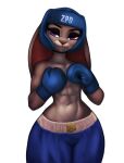  abs anthro aozee bottomwear boxing_gloves boxing_trunks clothing disney female fur grey_body grey_fur half-closed_eyes handwear headgear headwear judy_hopps lagomorph leporid mammal muscular muscular_female narrowed_eyes navel pants police_badge purple_eyes rabbit solo text text_on_bottomwear text_on_clothing text_on_headwear text_on_pants zootopia 