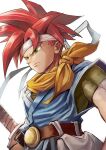  1boy belt chrono_trigger closed_mouth commentary crono_(chrono_trigger) green_eyes headband male_focus red_hair scarf short_hair simple_background solo sowel_(sk3) spiked_hair sword weapon white_background 