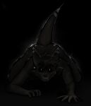 anthro bat big_butt big_ears black_sclera botter botter_dork brown_hair butt crawling dark_lighting dramatic_lighting ear_piercing ear_ring fangs glistening glistening_body glistening_butt glistening_eyes glowing glowing_eyes hair hi_res horror_(theme) hybrid jewelry looking_at_viewer looking_up male mammal mustelid necklace nude otter otter_tail piercing raised_tail ring_piercing rio_(botter_dork) shimmering simple_background solo tail teeth thick_thighs