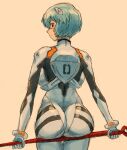  1girl ass_support ayanami_rei bident blue_hair blush bodysuit breasts gussuripii hairpods highres looking_at_viewer looking_back medium_breasts neon_genesis_evangelion pilot_suit plugsuit polearm red_eyes short_hair simple_background solo standing traditional_media weapon white_bodysuit 