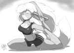 2023 absurd_res anthro arm_over_head athletic_wear barefoot big_breasts big_ears big_tail biped bodily_fluids bottomwear bra breasts cabbi_(tigershard) cleavage clothed clothing crop_top eyes_closed feet female female_anthro flexible fluffy fluffy_hair fur greyscale hair hi_res lagomorph leporid mammal midriff monochrome navel nipple_outline open_mouth pigeon_pose rabbit shirt shonuff shorts side_view signature simple_background solo sports_bra stretching sweat tail thick_thighs tight_bottomwear tight_clothing tight_shorts topwear underwear yoga
