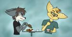 anthro beverage blue_eyes brown_eyes brown_hair burger canid canine canis clothing contempt cutlery duo eating food fork frown fur furniture hair hi_res kitchen_utensils lombax male mammal ratchet_and_clank shirt sony_corporation sony_interactive_entertainment t-shirt table tea teal_body teal_fur tools topwear willitfit wolf yellow_body yellow_fur