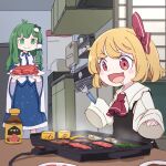  absurdres ascot black_vest blonde_hair carrying closed_mouth detached_sleeves drooling fang food fork frog_hair_ornament green_eyes green_hair grill hair_ornament hair_ribbon hair_tubes highres indoors kame_(kamepan44231) kitchen kochiya_sanae long_hair looking_at_object looking_down meat nontraditional_miko onion open_mouth plate red_ascot red_eyes ribbon rumia shirt short_hair single_hair_tube skin_fang skirt skirt_set sleeves_past_wrists smile snake_hair_ornament touhou tray vest white_shirt 