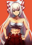  1girl abs chest_sarashi closed_mouth collarbone commentary_request cowboy_shot equality_taira fujiwara_no_mokou grey_hair highres long_hair looking_at_viewer navel pants red_background red_eyes red_pants sarashi simple_background smile solo touhou very_long_hair 