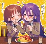  2girls black_necktie blazer blush brown_hair character_food clenched_hands closed_eyes collared_shirt cup drinking_glass face-to-face facing_another feeding finger_to_another&#039;s_cheek food food_on_face goshiki_agiri grey_jacket hair_between_eyes hands_up highres holding holding_spoon jacket kill_me_baby long_hair long_sleeves looking_at_another multiple_girls necktie omelet omurice on_chair open_mouth oribe_yasuna outline plate purple_eyes purple_hair shirt short_hair sitting smile sonya_(kill_me_baby) spoon table upper_body white_outline white_shirt wiping_face yasashii_naizou yellow_background yuri 