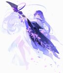  1girl barefoot black_robe closed_mouth dress falling_petals highres holding holding_staff long_hair long_sleeves looking_at_viewer mage_staff petals purple_eyes purple_hair robe solo sousou_no_frieren staff very_long_hair white_dress yu_jiu 