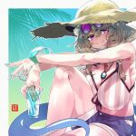  1girl absurdres animal_ear_fluff animal_ears aqua_nails arknights armpits bikini breasts brown_hair cup eyewear_on_head fang gradient_background hat highres holding holding_cup jewelry large_breasts looking_at_viewer necklace purple_eyes shima_(wideshi_ma) skin_fang slit_pupils smile solo striped_bikini striped_clothes sun_hat swimsuit utage_(arknights) utage_(summer_flowers)_(arknights) 