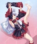  1girl bangs barefoot black_dress black_sleeves blunt_bangs boot_removed boots detached_sleeves dress frilled_dress frilled_sleeves frills head_wings highres knee_boots kyuutou_(kyuutouryuu) no_socks original pillow single_boot sitting soles solo white_hair 